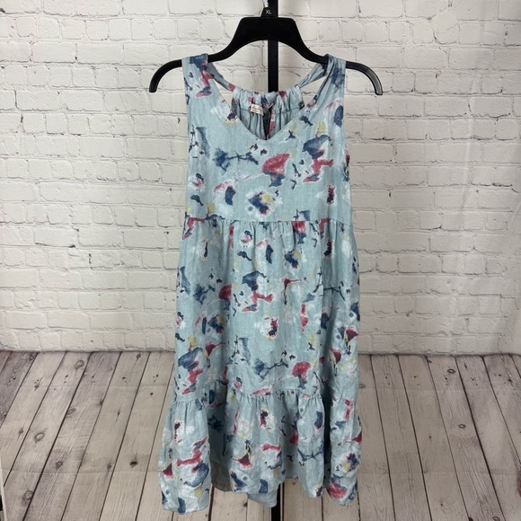 BELLAMBRA Dress XS Linen Tie V-Neck Floral Tiered Sundress Sleeveless Blue - Picture 1 of 6